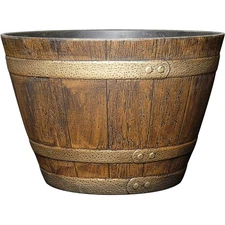 Classic Home and Garden Whiskey Resin Flower Pot Barrel Planter, Oak Brown, 15"