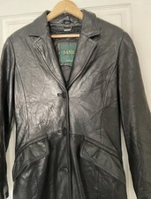 Women’s Long Black Leather Coat Detachable Synthetic Fur Collar Size 12-14