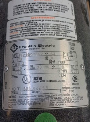 Franklin Electric EXPLOSION PROOF MOD1121007462 HP 3/4 Mixing Electric Motor