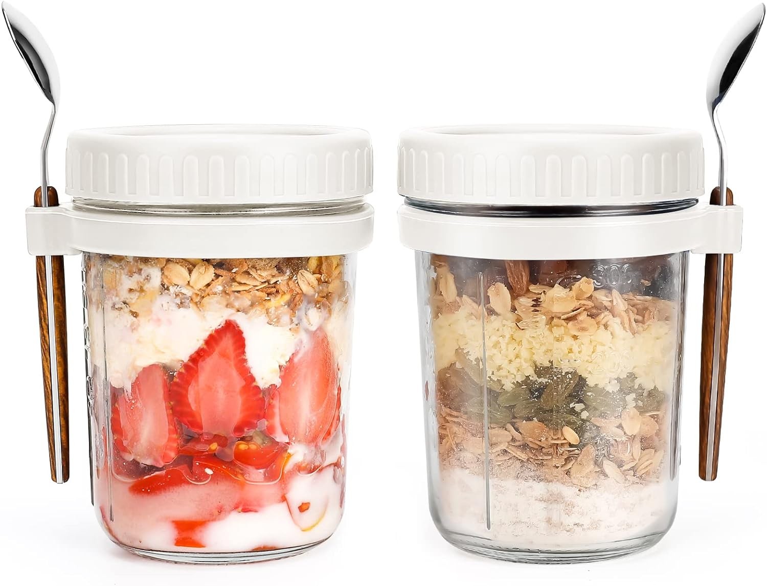 Overnight Oats Jars with Spoon and Lid 16 oz [2 Pack], Airtight Oatmeal