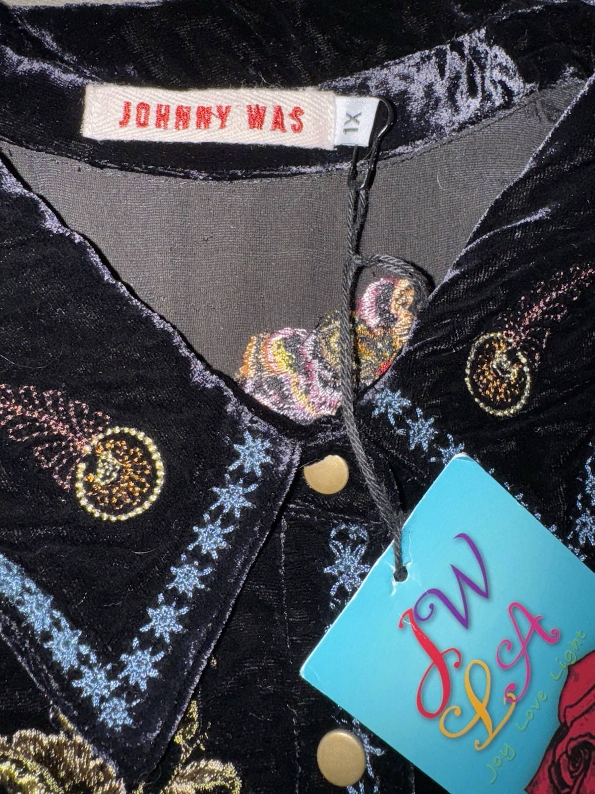 Johnny Was 1X 1XL Black Velvet Button Up Shirt Top Embroidered Long Sleeve NWT