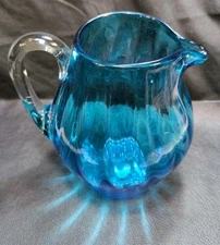 Vtg MCM Ribbed Optic Hand Blown Art Glass Pitcher  Intense Blue Clear Handle