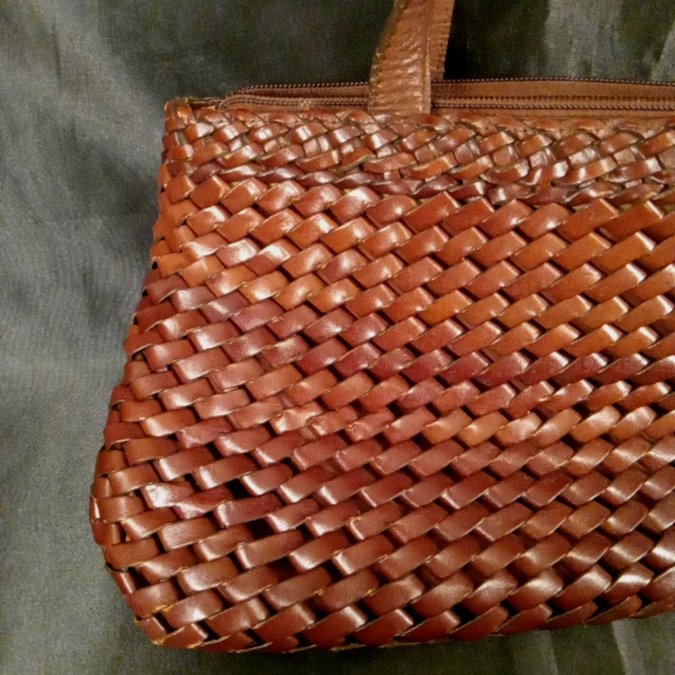Bolso de Hombro Vintage Fossil Cuero Marrón Tejido Cesta Doble Asa Años 90 Foto 3 de 4