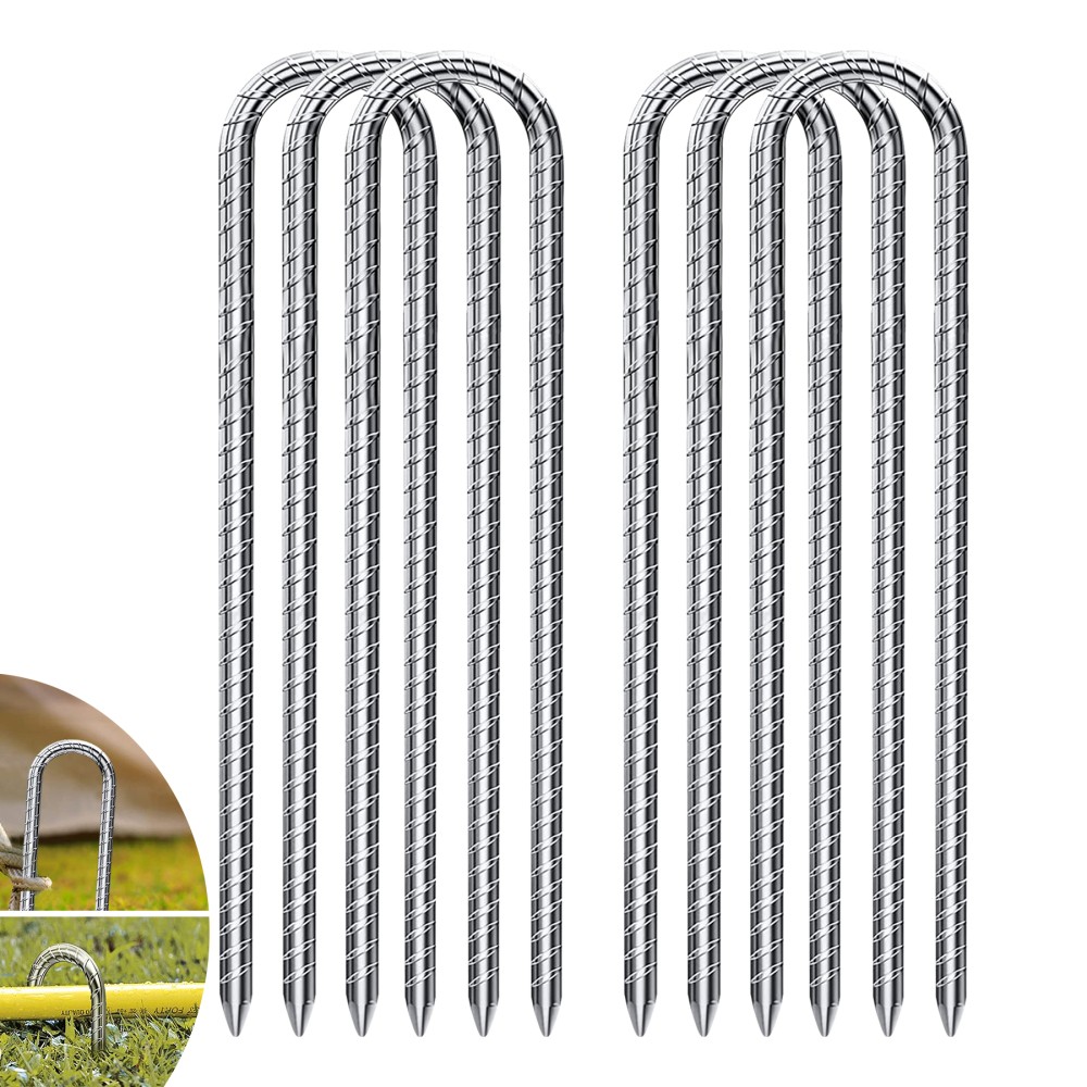 U-Shaped Rebar Stakes 12"" Heavy Duty Ground Anchors Tent Pegs Trampoline Garden