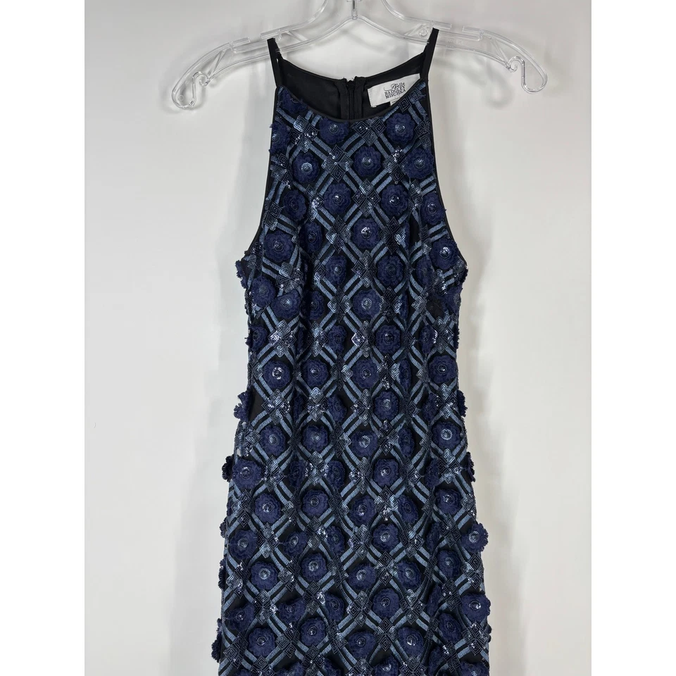 Belle Badgley Mischka Dress Women 4 Blue Floral 3D Geometric Long Formal Sequin - Image 3 of 4