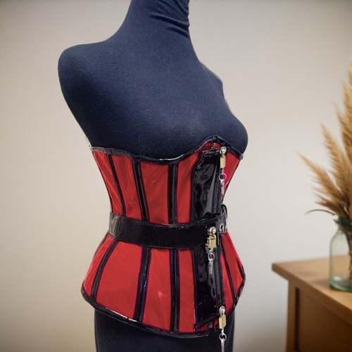 Corset Bustier Locks Key Waist Slimmer Lace Up Steel Boned Bodice Patent Leather - Picture 3 of 9