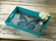 Blue MDF Wood Weathered Finish Gorgeous Butterfly Serving Tray Home D�cor