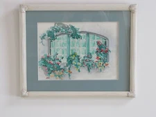 Vintage original watercolor of cascading flowers in bay window signed by artist