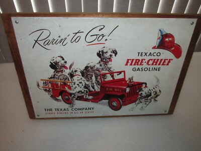 Texaco Gasoline SIGN tin Fire Chief Rarin'' to Go framed The Texaco company