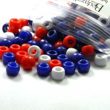 300 Opaque Red White  Blue 9mm x 6mm Plastic Acrylic USA Large Hole Pony Beads
