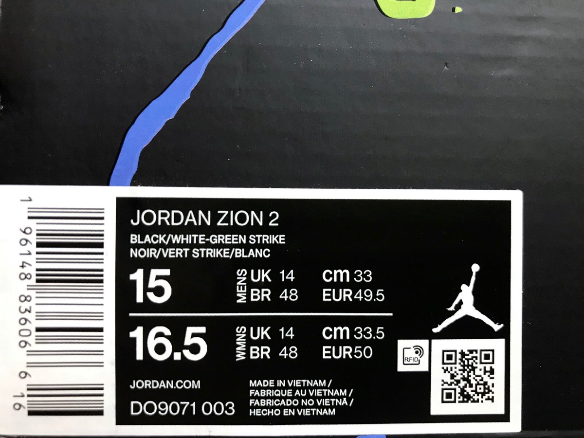 NIKE JORDAN ZION 2 BLACK/WHITE-GREEN STRIKE SIZE MEN'S 15 [DO9071