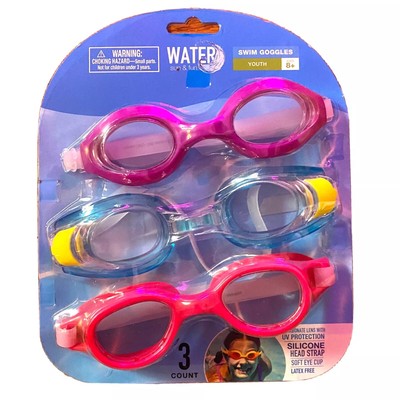 NIB Swim Googles 3-Pack Water Fun & Sun Youth Swimming UV Protection Ages 8+