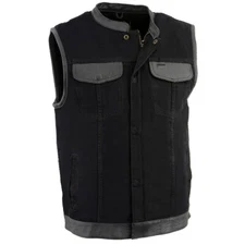 Milwaukee Leather 3010 Men's Black Denim Club Style Biker Vest with Leather Trim