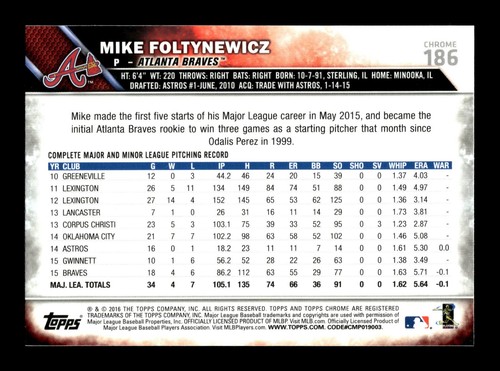2016 Topps Chrome Baseball Mike Foltynewicz #186 Atlanta Braves - Picture 2 of 2