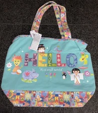 Disney Parks It's A Small World HELLO Tote Bag Zipper Canvas Large Dolls Pastel