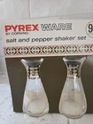 Vintage 70s PYREX Clear W  Gold SALT & PEPPER Shaker SET Corning MID-CENTURY