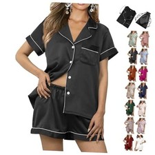 Womens 3Pcs Floral Pajamas Sets Silk Satin Sleepwear XS 4XL Medium Black-w