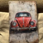 Vintage Reproduction Red Volkswagen Beetle Bug Rustic Metal Tin 8”x12”