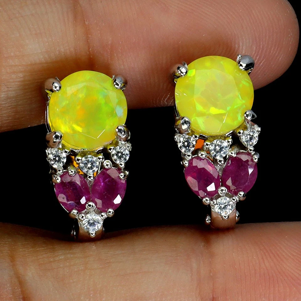 Black Friday 925 Sterling Silver Earrings Round Yellow Opal 7mm Ruby Jewelry - Image 2 of 4