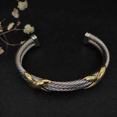 David Yurman 925 Cable Cuff Bracelet Two-Tone Silver & Gold No Stone