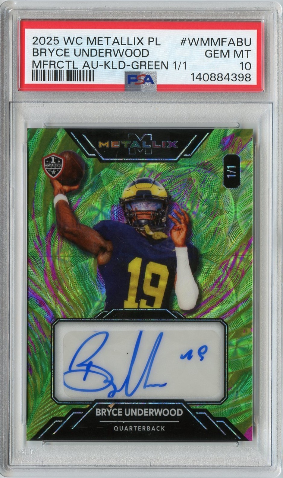 BRYCE UNDERWOOD 2025 WILD CARD GREEN KALEIDOSCOPE ROOKIE AUTO #'D 1/1 PSA 10 GEM view 1
