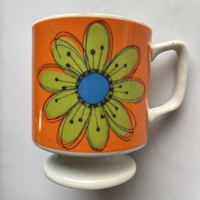 Retro Orange Daisy Footed Coffee Cup Corvallis Green, Blue Atomic Daisy Mod