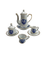 Reutter Porzellan Germany Miniature Porcelain Tea Set Blue Floral Hand-Painted