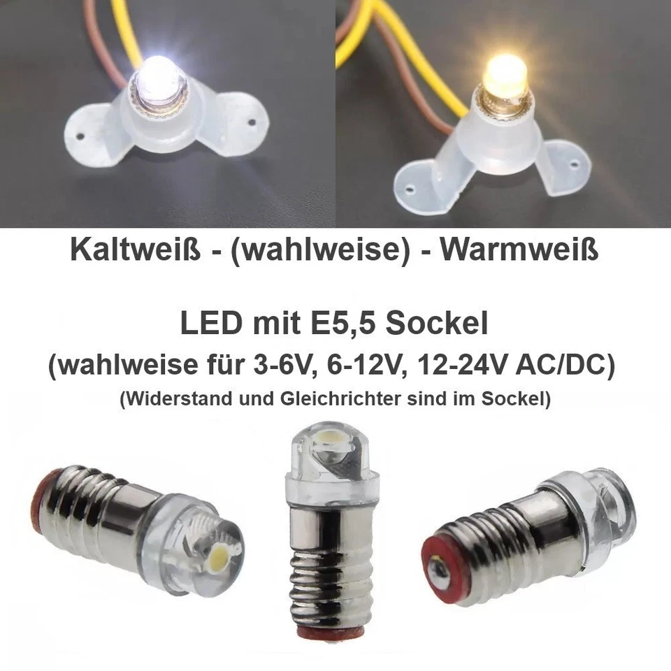 Lampadina LED E5,5 attacco filettato attacco E5.5 LED 3-24V AC/DC modellismo H0 TT N - Immagine 3 di 4