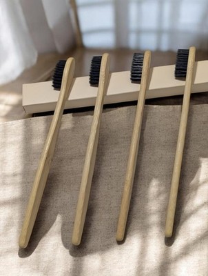 ECO ROOTS Bamboo Toothbrush Black Nylon Bristles Unisex Adults Beige Handle( 4) 