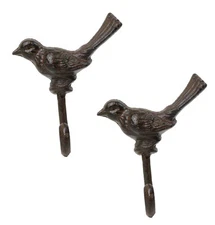 Set Of 2 Rustic Cast Iron Morning Song Bird On Branch Wall Coat Towel Hook Decor