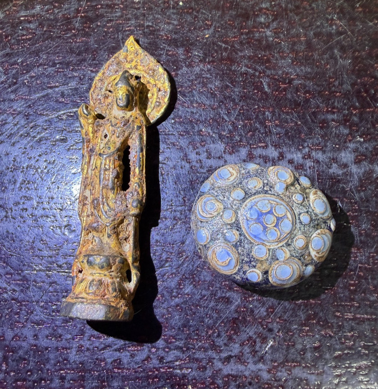 Set Antique/ Vtg. Chinese Gilt Metal Buddha, Glass Bead