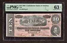 1864 $10 T-68 Confederate States of America Note - PMG 63 EPQ