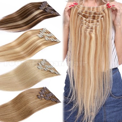 CLEARANCE 100% Human Hair Extensions Clip in Real Remy Hair 8Pcs Full Head Soft