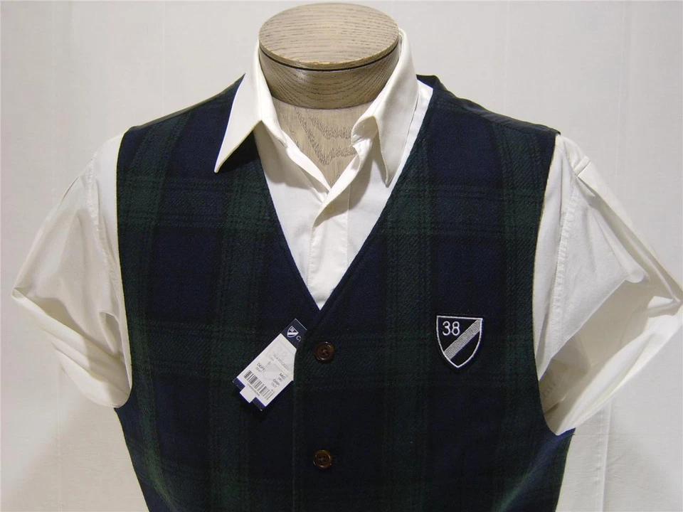 Daniel Cremieux Men’s Suit Vest M 90% Wool Tartan Black Green Olive Plaid Madras - Image 2 of 4