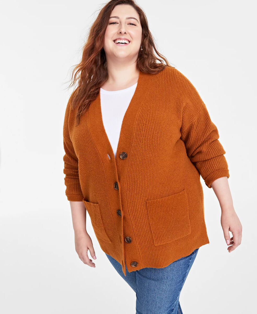 LX025/ On 34th Plus Size Long Patch Pocket Cardigan Pecan