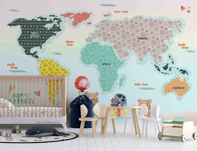 3D Cartoon World Map Wallpaper Wall Mural Removable Self-adhesive 135