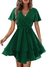 Green Womens Cute V-neck Short Sleeve Flare Dress - holidays, parties, wedding
