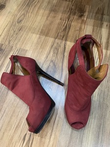 red suede peep toe booties