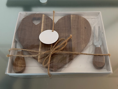 Wooden Heart Shaped Cheese Board With Cut-Out And Two Serving Utensils - NEW