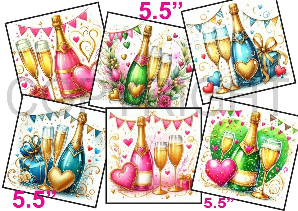 WEDDING WISHES UK 6 XL Card Toppers 5.5" Wedding Anniversary/Engagement Champagne CRAFTS/Tags FLAT