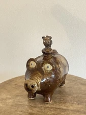 Marie Rogers Brown Blue Eye Large Pig Rider 7"L x 6.5"H Georgia TPottery