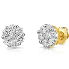 14K Real Solid Gold 1Ct Natural Round Diamond Cluster Flower Halo Stud Earrings