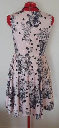 EUC REVIEW Baby Pink & Black Roses Satin Feel Lined Fit & Flare Dress Polka Dots - Picture 4 of 12
