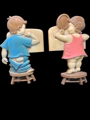 Vintage Sexton Cast Metal Wall Hanging Set Boy And Girl Bath Stool