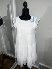 Ladies White Dress with Ruffle Detail and stretchy waist Sz M