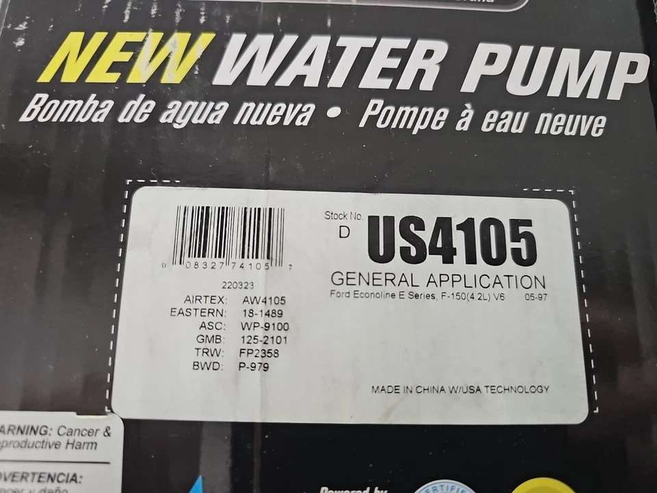 Bomba de agua US4105 US Motor Works 1997-2005 Ford Econoline serie E F150 4,2 L V6 Foto 2 de 4