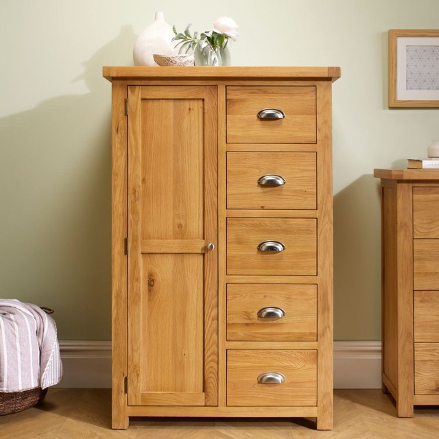 Wardrobe Woburn Oak Solid Wood 1 Door 5 Drawer Combination Bedroom