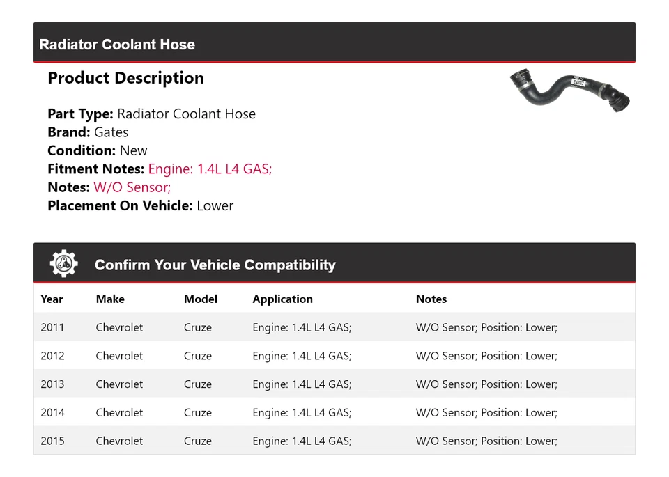 Manguera de refrigerante de radiador de gas 1,4 L L4 2011-2015 puertas inferiores 2012 Chevrolet Cruze Foto 2 de 4