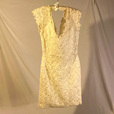 60s vintage Daisies Bridal White Lace Beaded Knee-Length Sheath Dress
