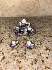 Vintage Miniature Dollhouse Tea Set Gift Vibrant Colors Purple Pink Blue D79